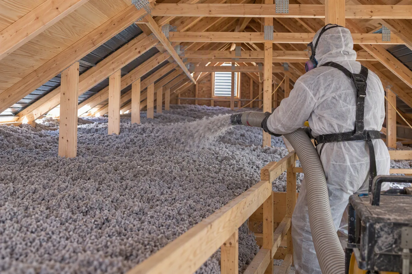 Installer blowing loose-fill insulation across an attic floor beneath timber roof trusses